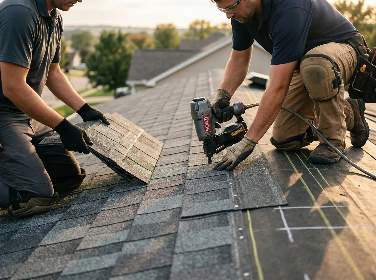 Professional roofer working on a residential roof in New Port Richey